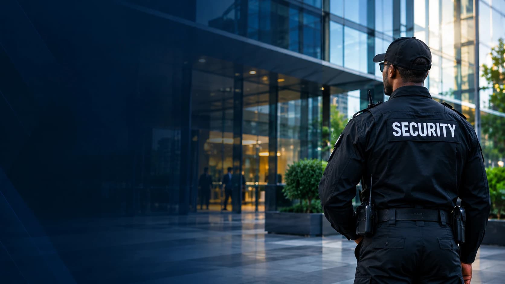 Professional security personnel outside a modern corporate facility